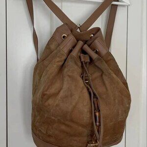 Bamboo Suede Leather Backpack Brown Drawstring Rucksack Bag